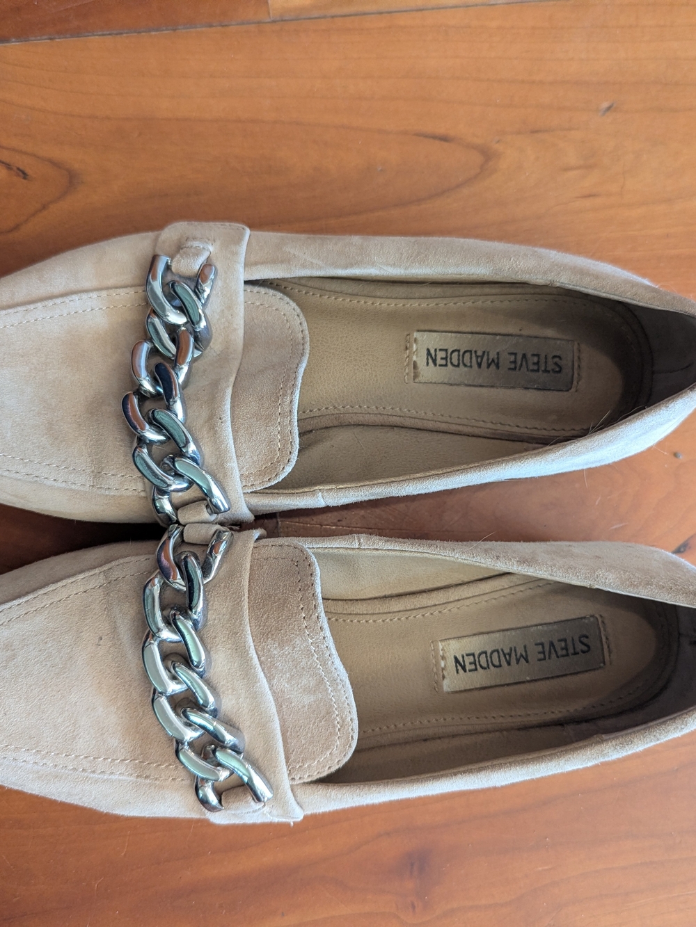 Steve Madden Beige Suede Loafers with Silver Chain Detail